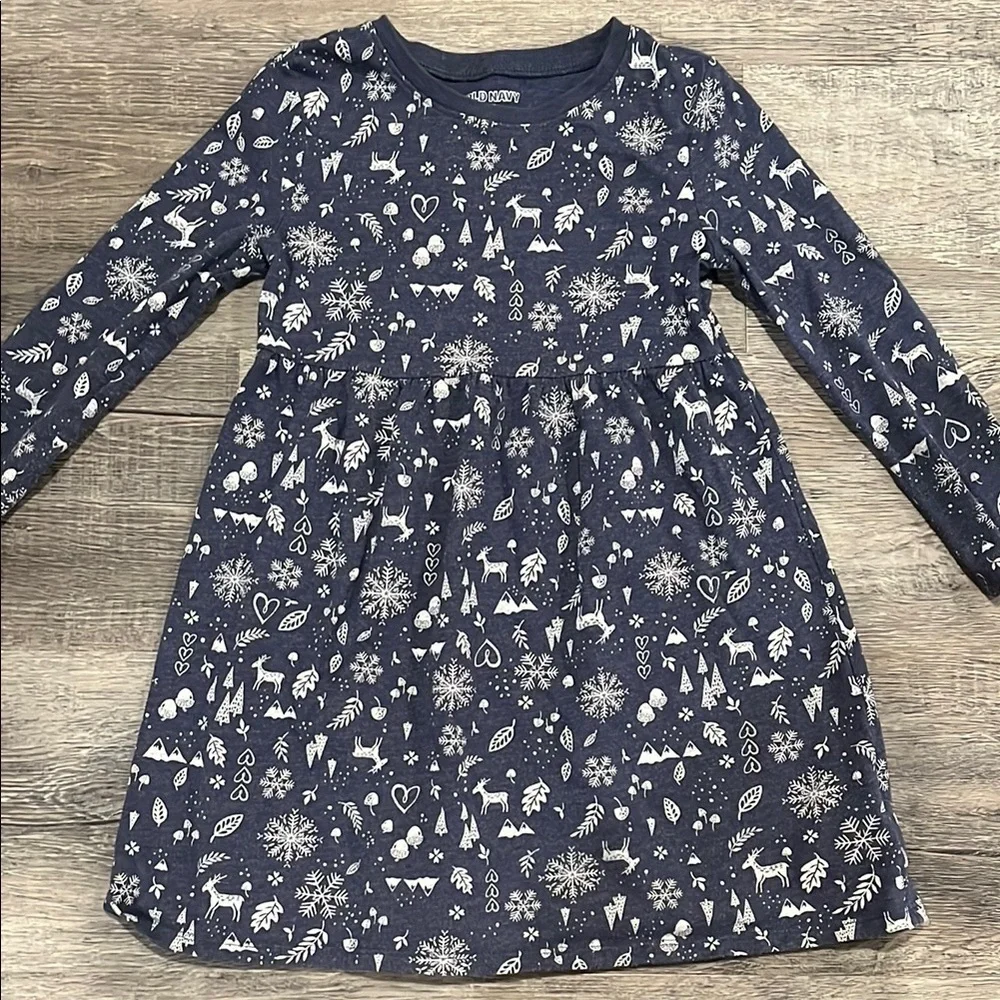 Navy Blue Kids Dress with White Pattern